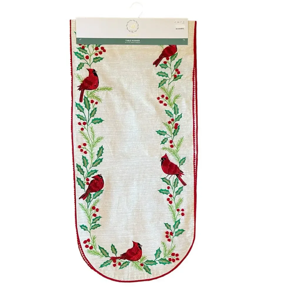 The Farmhouse Embroidered Red Cardinals Christmas Table Runner 16x72 Holiday New